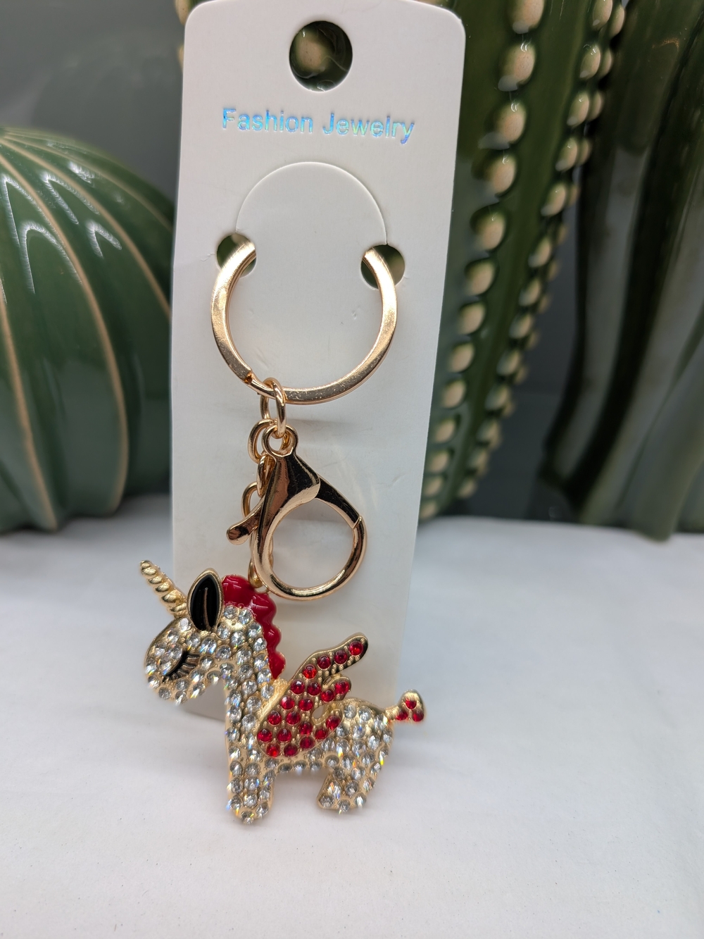 Gold Unicorn Keychain/Bagcharm W/ Red & Clear Crystals